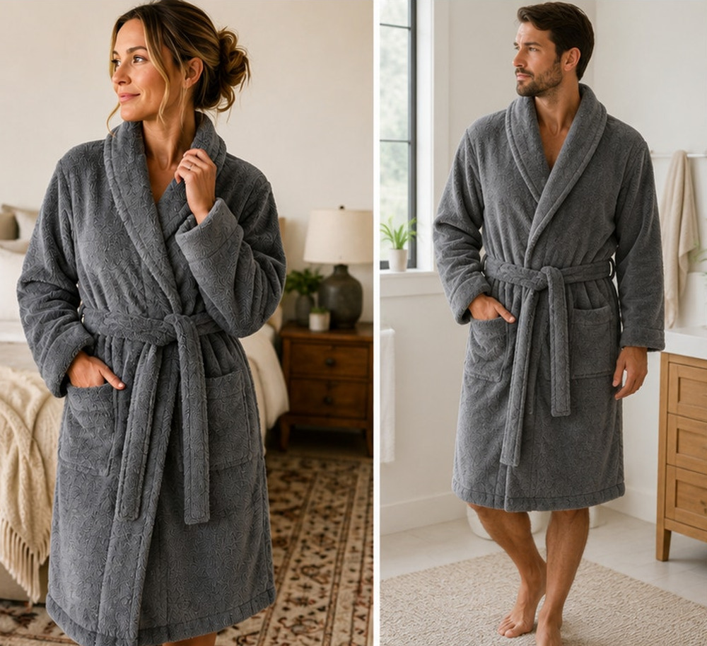 Pinzon by Amazon Gray Plush Terry Bathrobe Shawl Collar M/L Never Worn Unisex